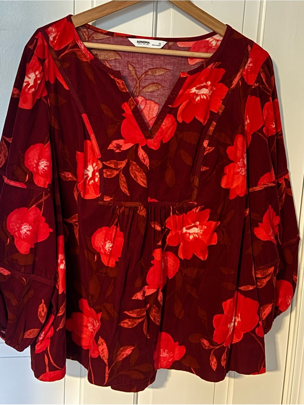 Sonoma Women’s Burgundy Floral V-Neck Blouse 100% Cotton Sz 1X Fall Boho Flowy